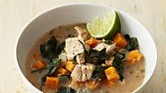 Healthy Chicken Soup Recipes | Almond Chicken Soup with Sweet Potato, Collards, and Ginger
