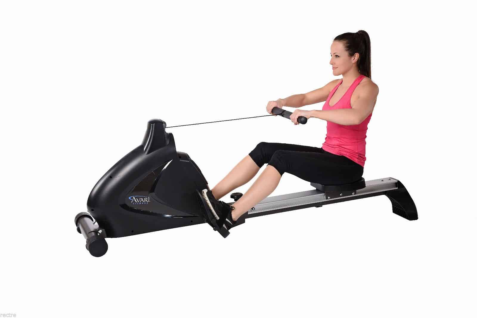 A woman working on a magnetic rowing machine