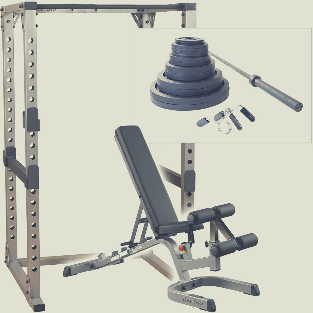 power racks with weights and workout bench